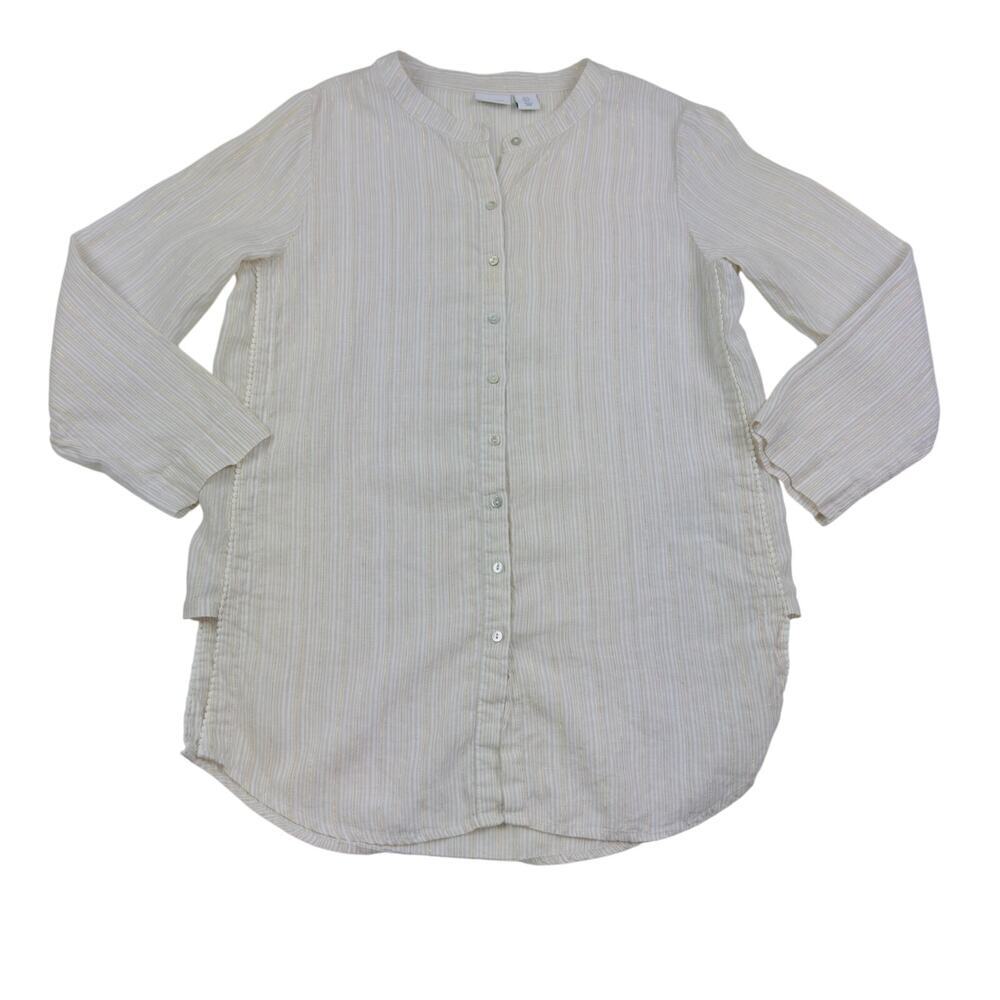 Antibes Blanc Minimalist Lagenlook Striped Linen Long Sleeve Tunic Women's SZ L